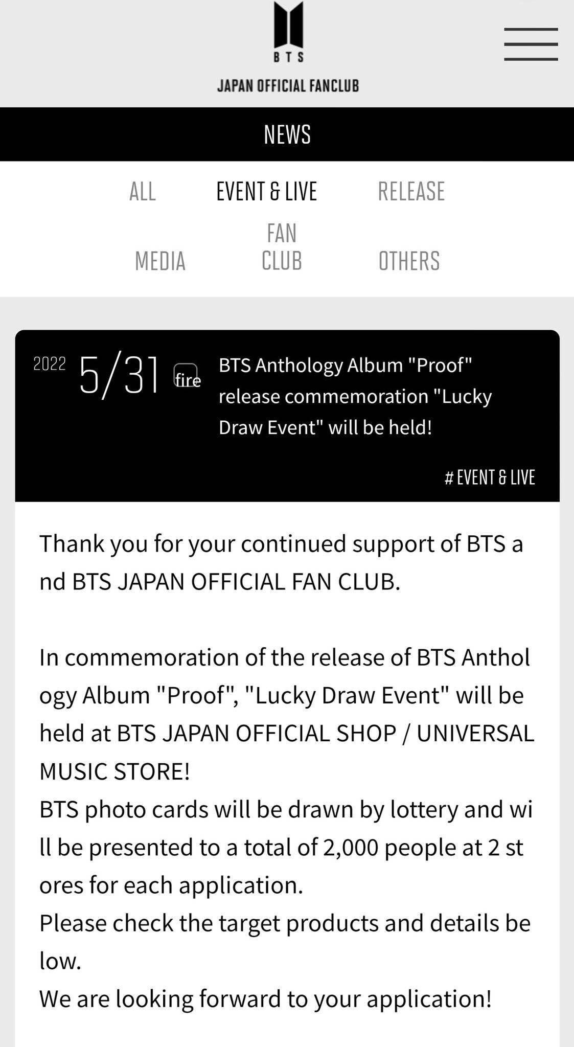 BTS PROOF Universal Lucky Draw Japan  Photocards